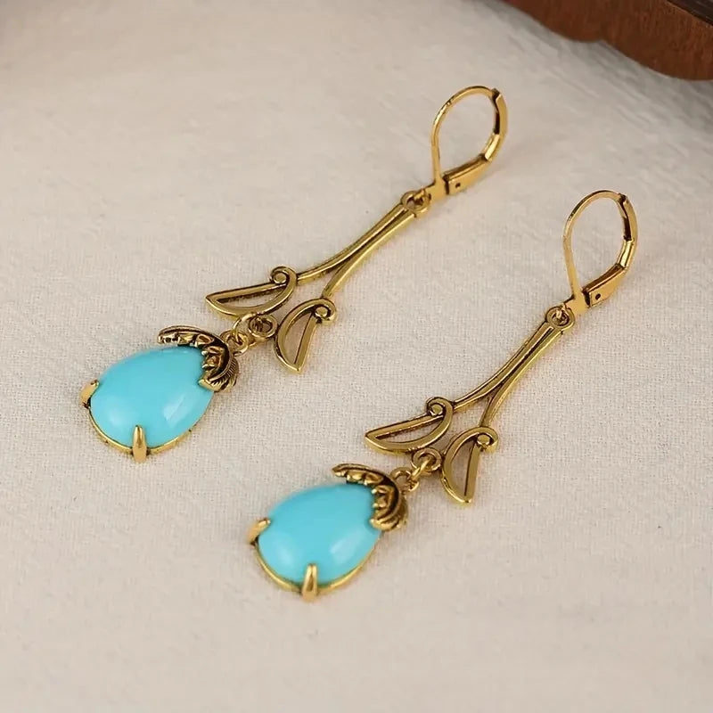 Vintage Inspired Turquoise Golden Water Drop Resin Alloy Earrings