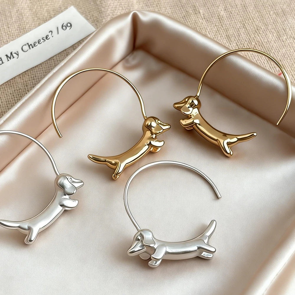 Polished Silver Plated Sausage Dachshund Dog Open Hoop Earrings