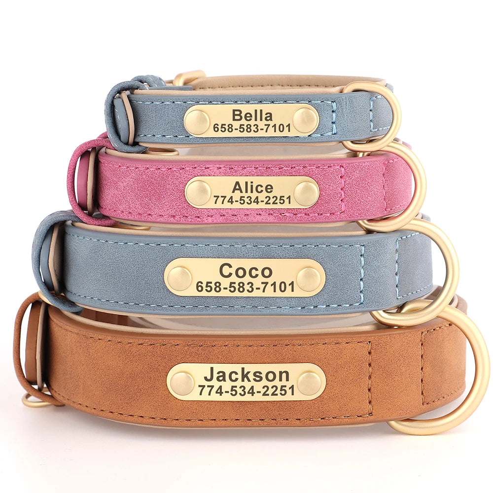 Soft Faux Leather Adjustable Dog Collar - Customize, Engrave, Name Tag, ID Necklace