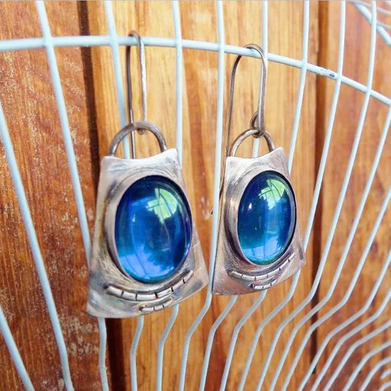 Bold Vintage Inspired Oval Moonstone Square Alloy Dangle Earrings