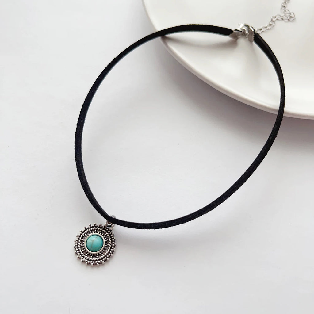 Boho Vamp Style Rope Choker Silver Plated Zinc Alloy Turquoise Pendant