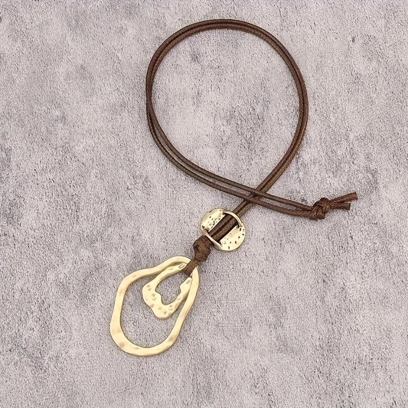 Long Geometric Edge Pendant Alloy Leather Rope Necklace