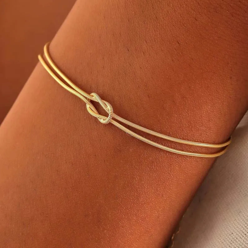 Elegant Stainless Steel Snake Chain Knot Bracelet - Handmade, Minimalist, Expandable
