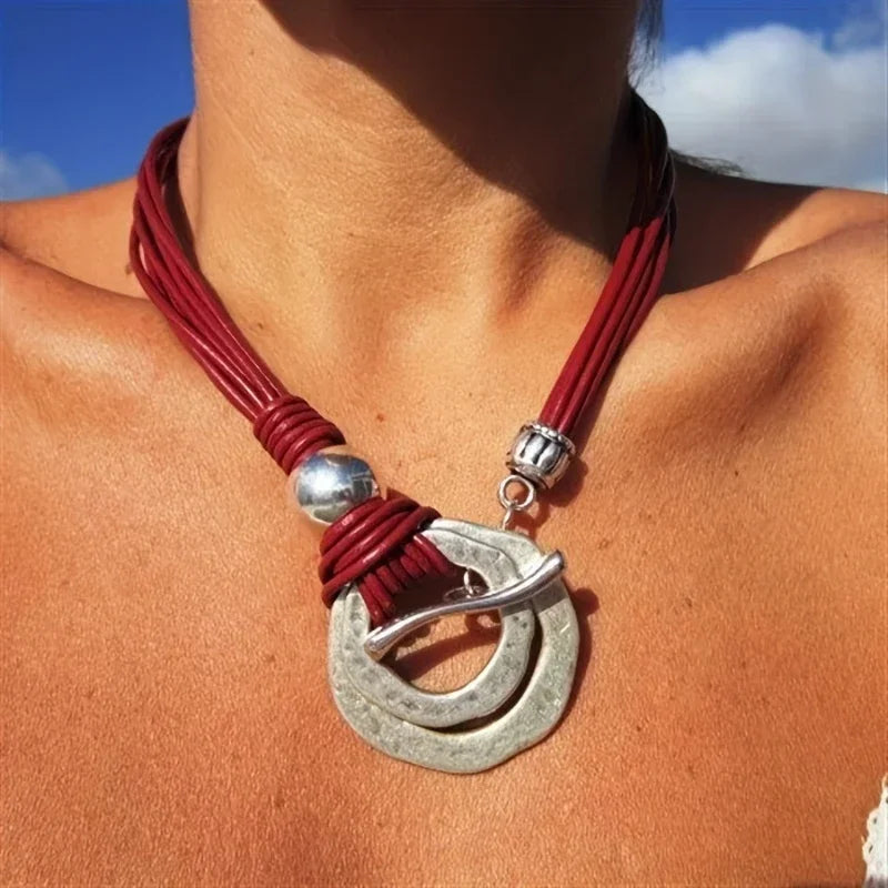 Bold Boho Style Round Alloy Pendant Red Multilayered Rope Necklace