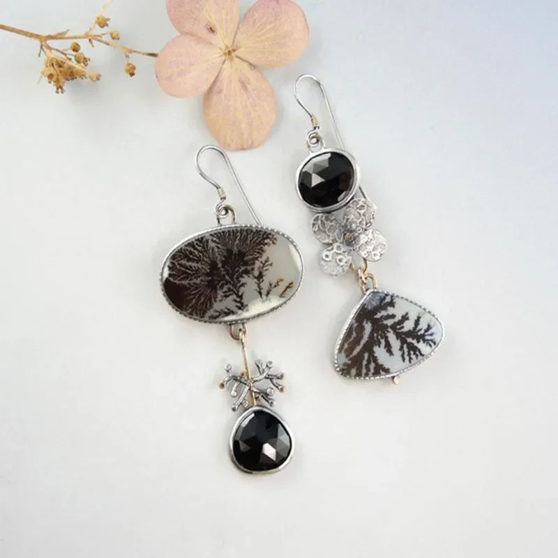 Nature Print Asymmetrical Water Drop Flower Black Stone Alloy Earrings