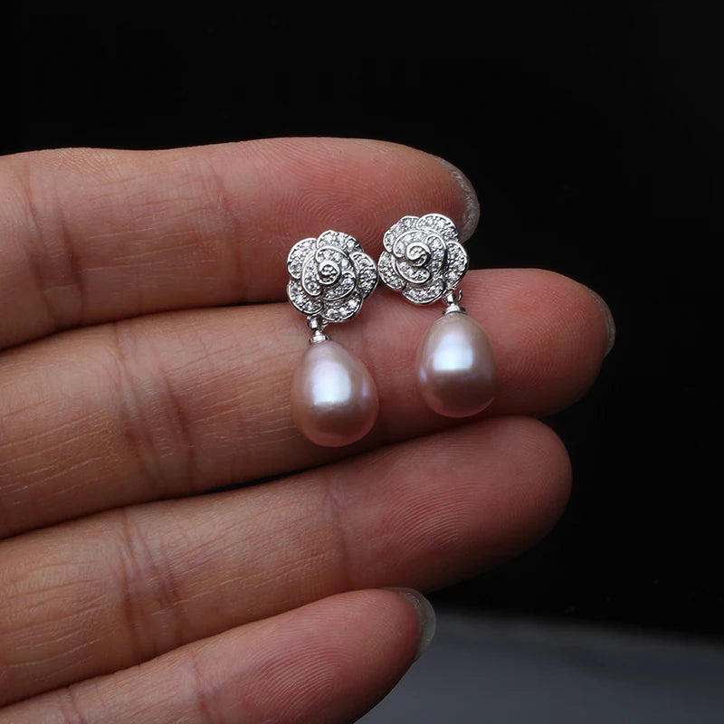 925 Sterling Silver Freshwater Pearl CZ Flower Drop Earrings