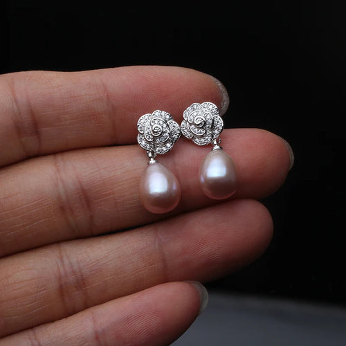 925 Sterling Silver Freshwater Pearl CZ Flower Drop Earrings