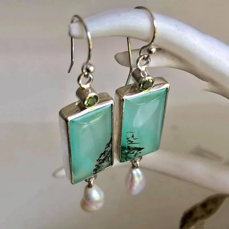 Square Green Opal Stone Dangle Alloy Earrings with Natural Pearls & CZ Stones