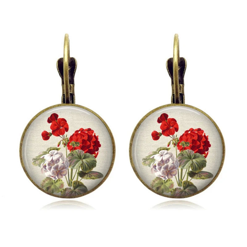 Retro Vintage Pink Rose Flower Round Glass Alloy Earrings - Several Options