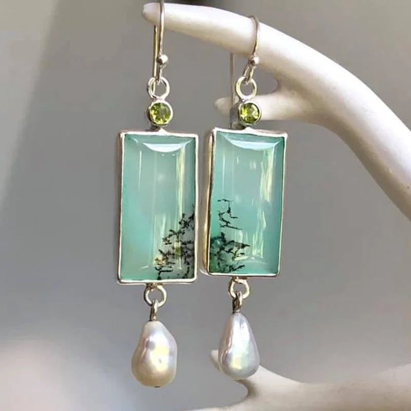 Square Green Opal Stone Dangle Alloy Earrings with Natural Pearls & CZ Stones