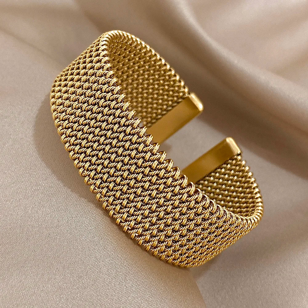 Golden Shade Stainless Steel Cuff Bracelet - Thick Weave Elegant