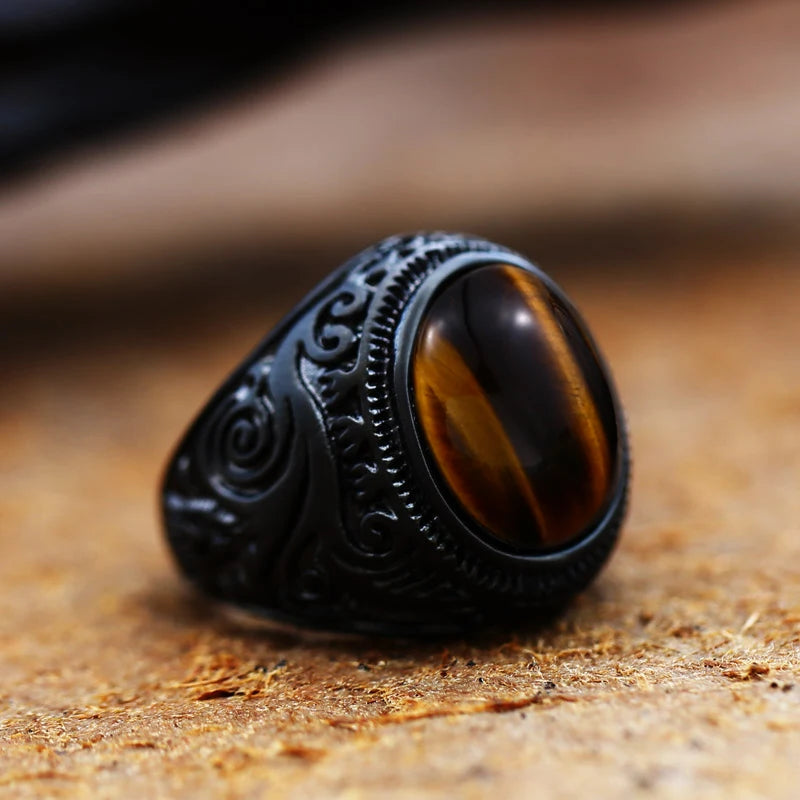 Ancient Oval Tiger Eye Large Stone Bold Ring in Stainless Steel, Unisex