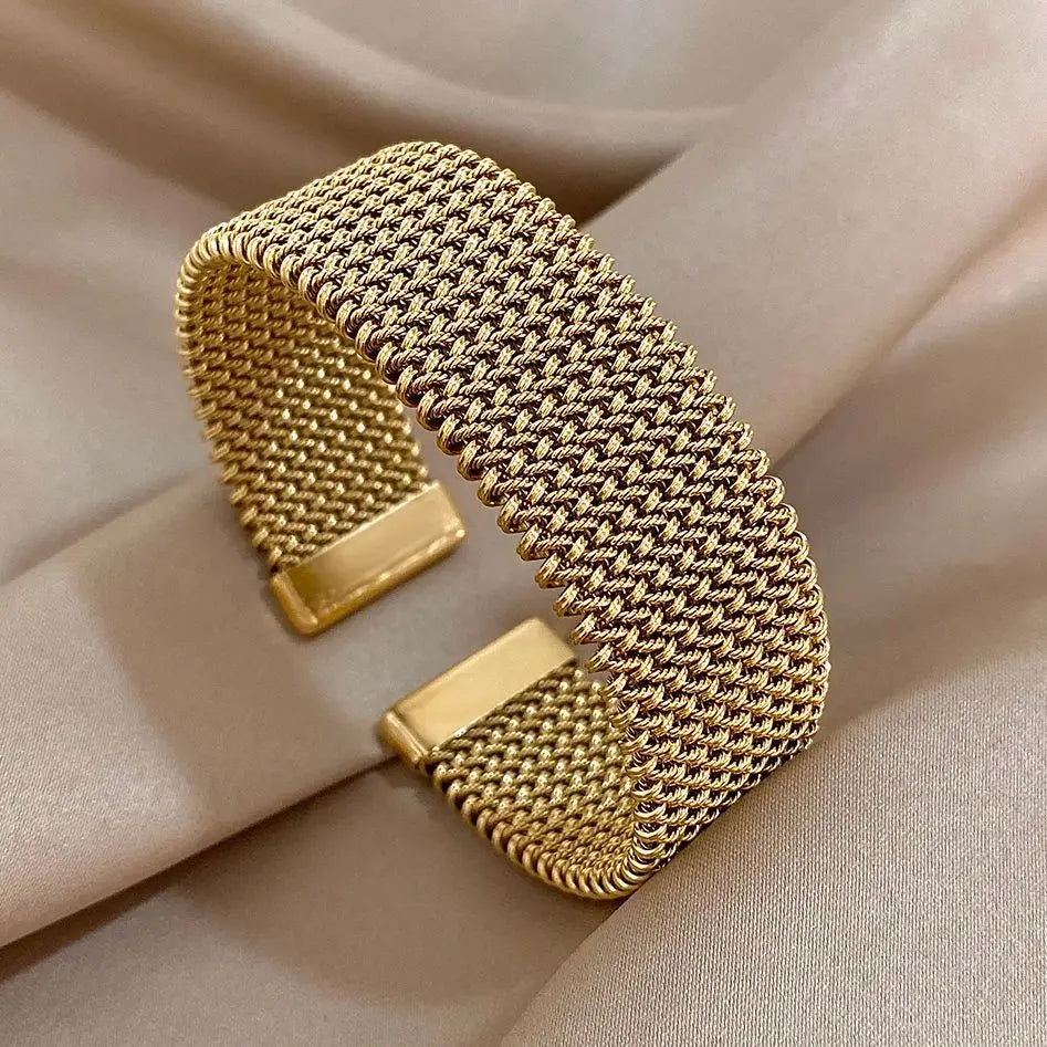 Golden Shade Stainless Steel Cuff Bracelet - Thick Weave Elegant
