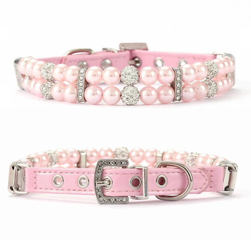 Fashionable Faux Pearl Crystals Adjustable Collar & Leash