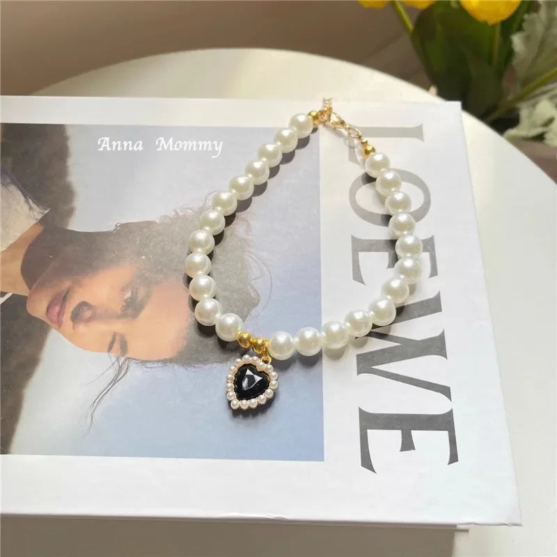 Faux Pearl Dog Necklace & Heart Rhinestone Pearl Pendant