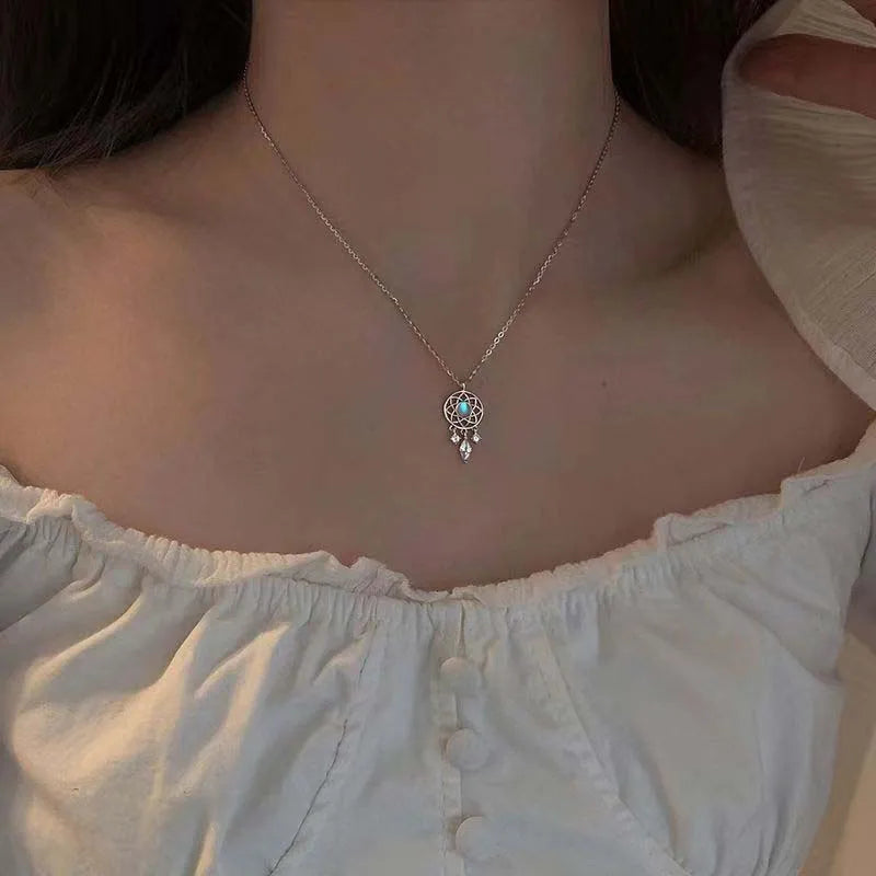 Delicate Dream Catcher Blue Zircon Pendant Zinc Alloy Necklace