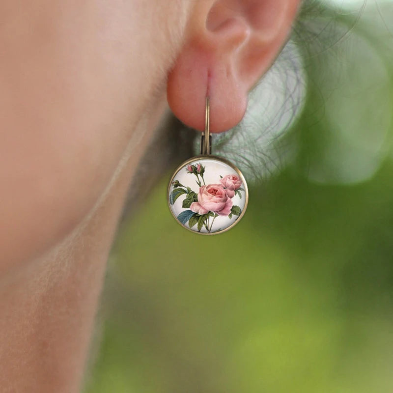 Retro Vintage Pink Rose Flower Round Glass Alloy Earrings - Several Options