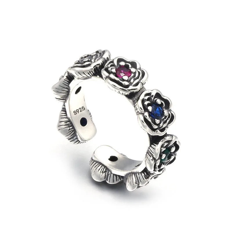 Sterling Silver Multicolor CZ Adjustable Rose Ring
