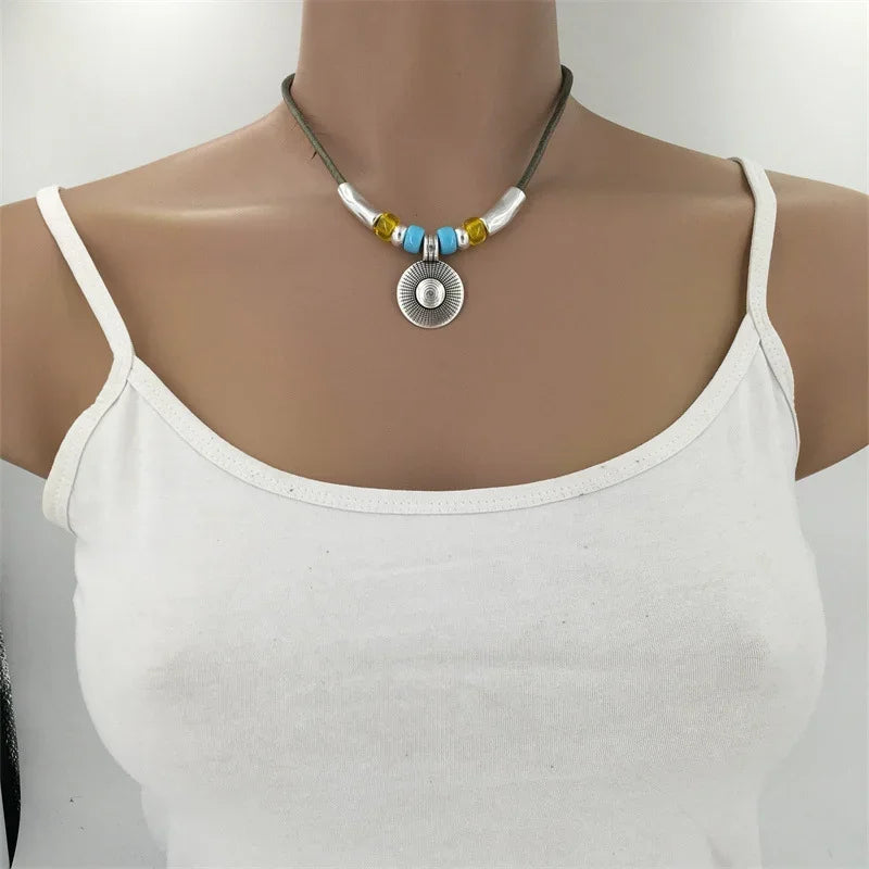 Boho Style Round Pendant Alloy Necklace with Faux Turquoise Beaded Leather Cord