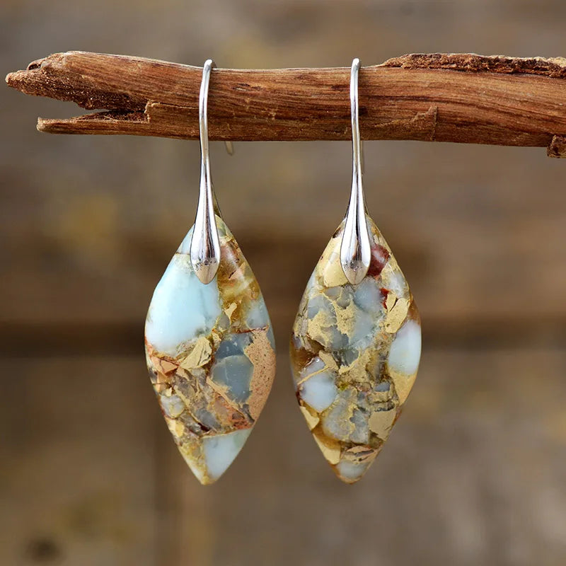 Bohemia Gold Plated Multicolored Natural Stone Leaf Shaped Earrings