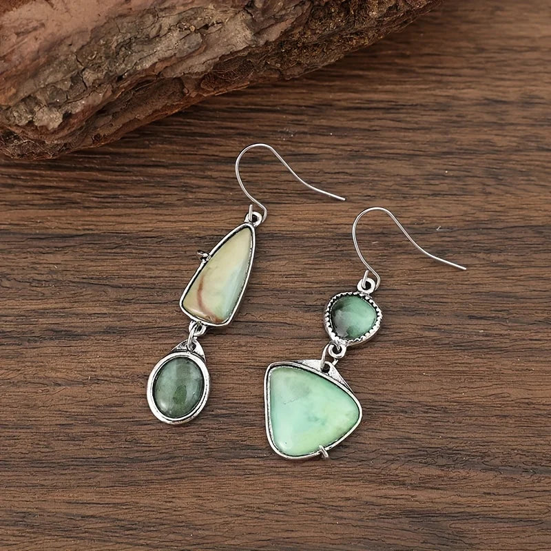 White Gold Plated Copper Green Stone Earrings - Boho, Asymmetric, Vintage Inspired