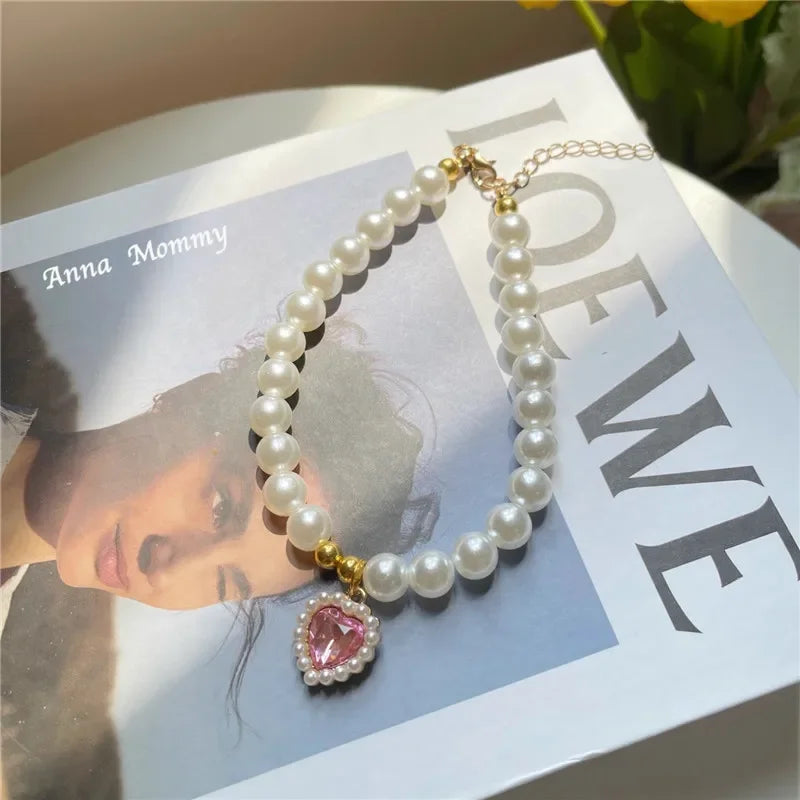 Faux Pearl Dog Necklace & Heart Rhinestone Pearl Pendant