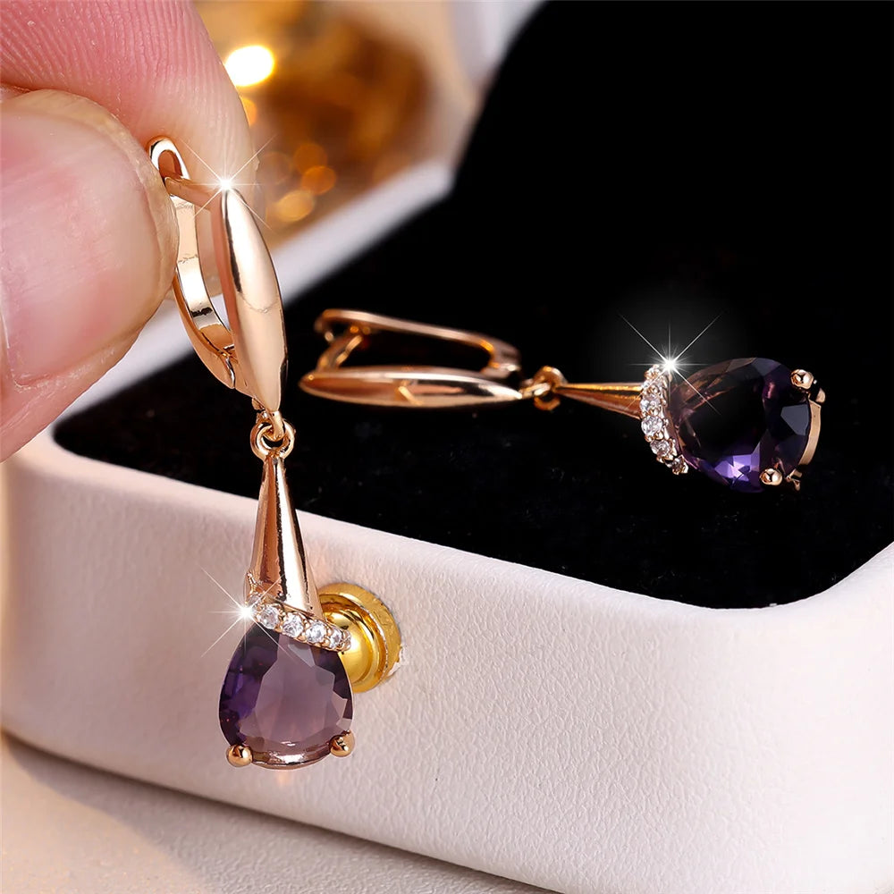 Elegant Female Purple Zircon Stone Water Drop Gold Color Earrings Cute Dangle Boho Wedding Jewelry For Women