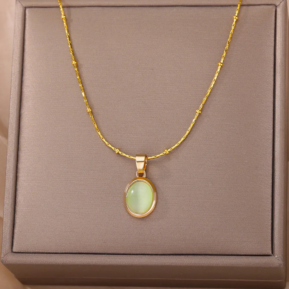 Opal Stone Pendant Stainless Steel Necklace
