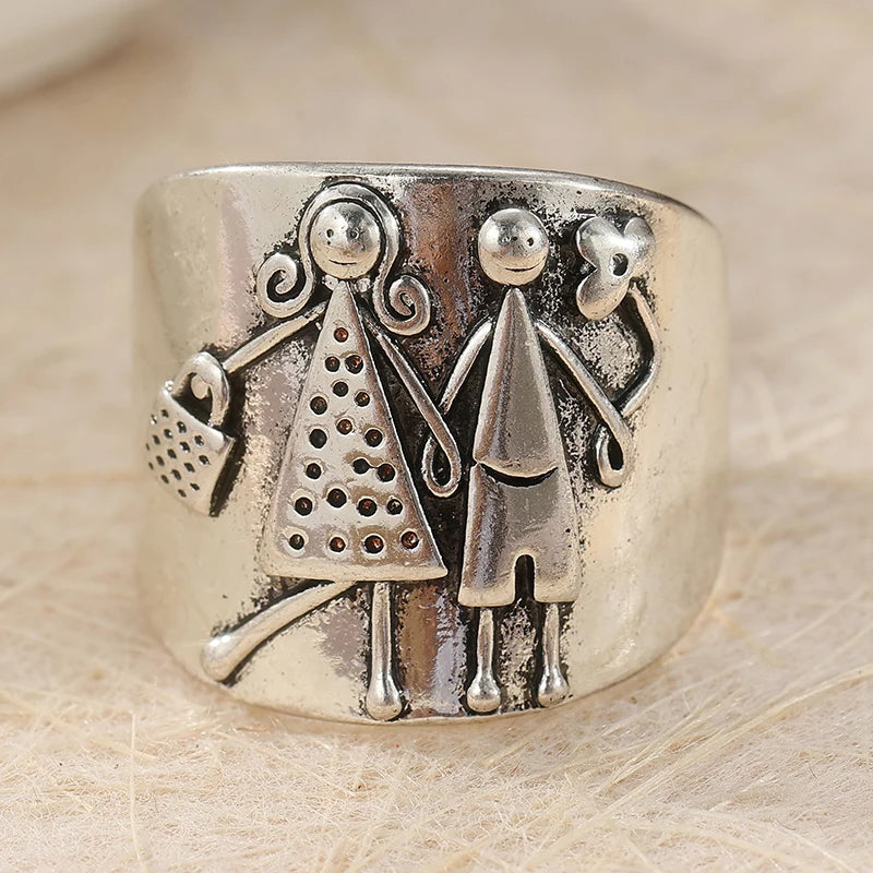 Vintage Inspired Silver-Plated Copper Ring - Hand Carved Couples Woman Man Holding Hands