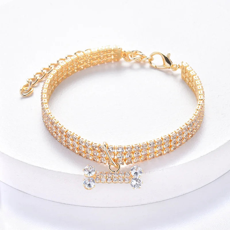 Adjustable Pet Necklace with Rhinestones & Bone Copper Pendant