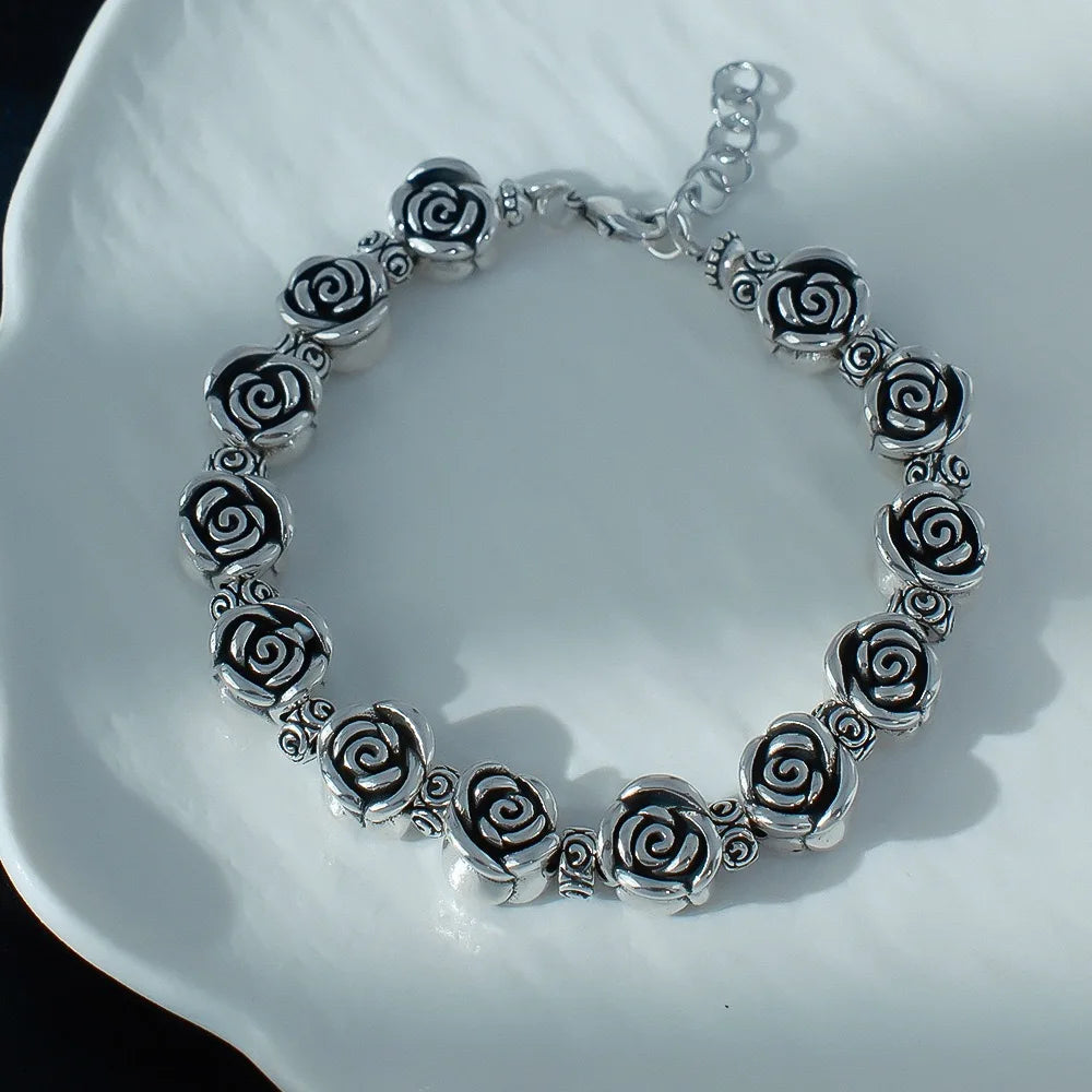 Vintage Inspired 925 Sterling Silver Rose Bracelet