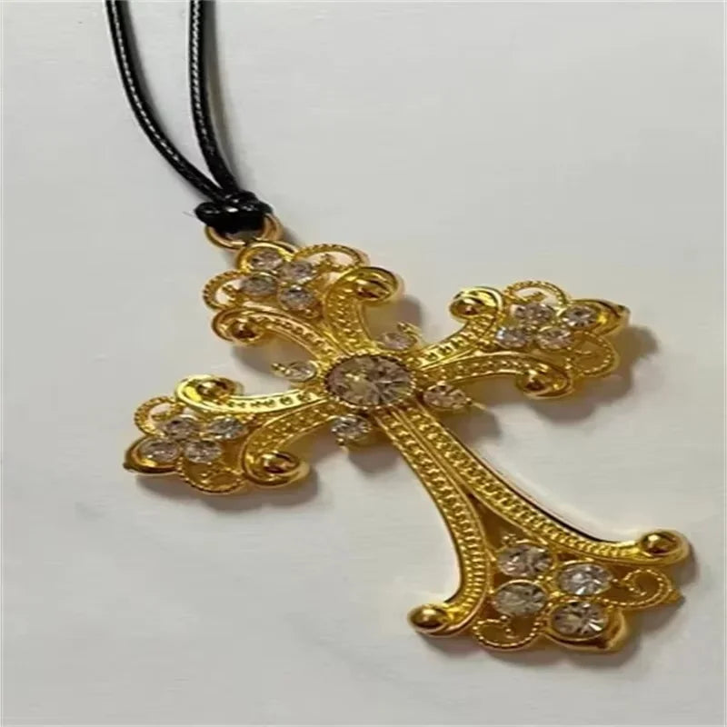 Large Goth Detailed Rhinestone Zinc Alloy Cross Rope Chain Choker