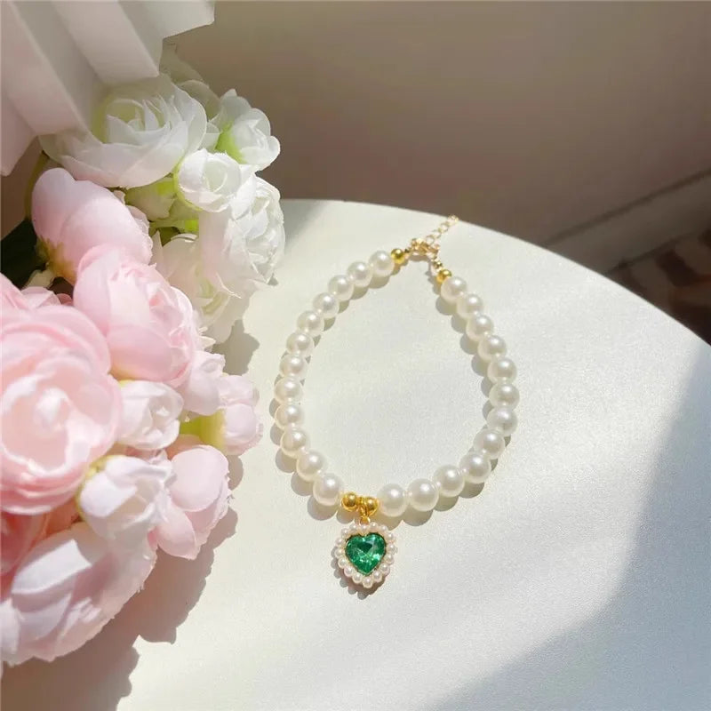 Faux Pearl Dog Necklace & Heart Rhinestone Pearl Pendant
