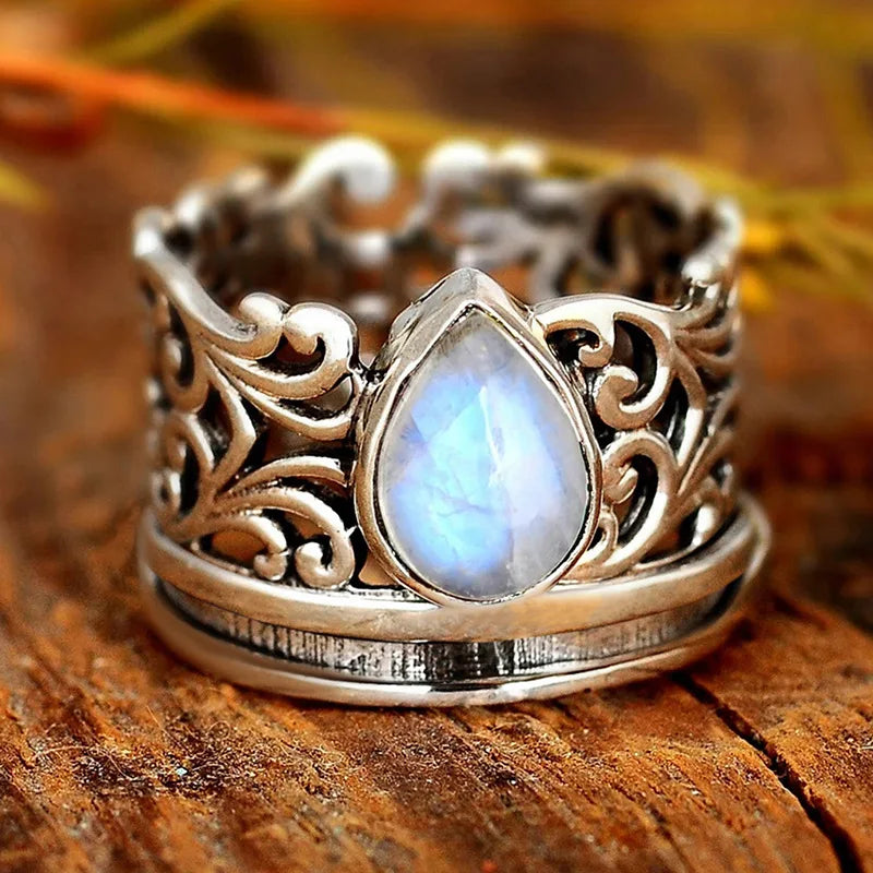 Moonstone Zircon Ring in Thick Copper Bezel Setting - Antique Inspired, Dreamy, Goth, Fantasy