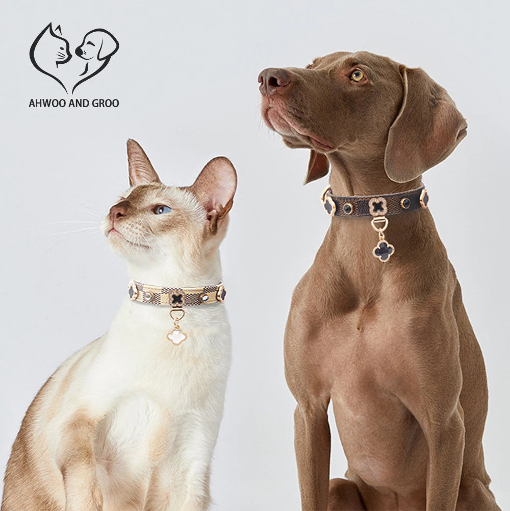 PU Leather Zinc Alloy Collar with Rhinestones & Clover Pendant