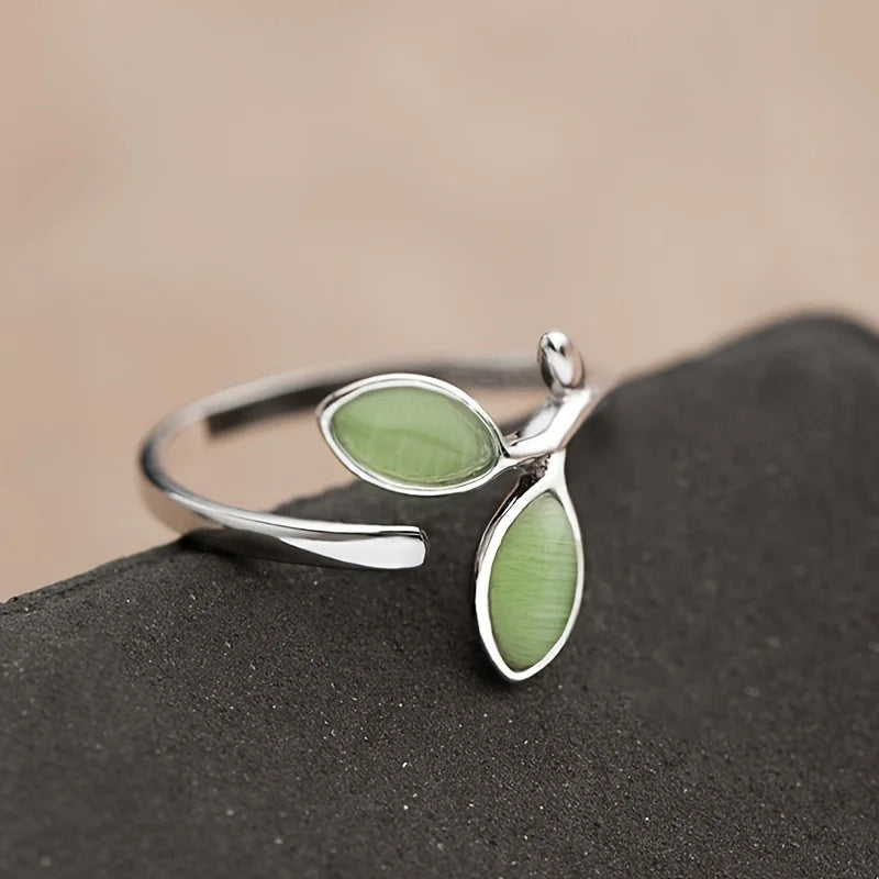 Elegant Enamel Green Leaf Ring - Adjustable Open Vine Design, Copper Plated