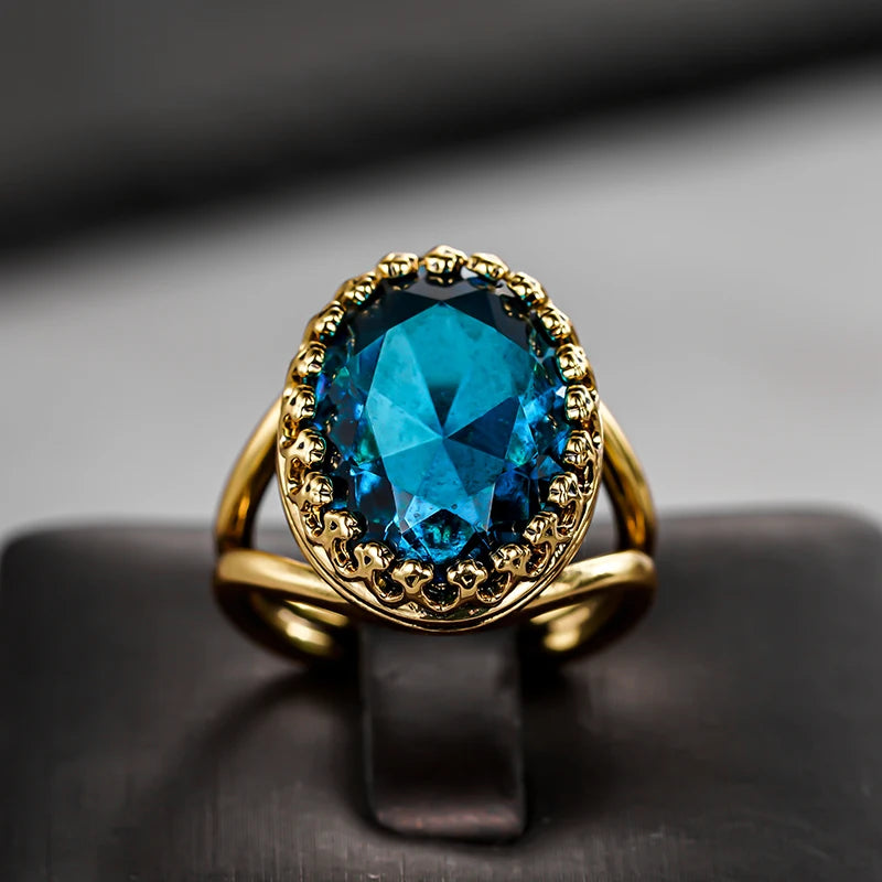 Large Oval Ocean Blue Cubic Zirconia Stone Brass Ring - Cocktail, Bold, Statement