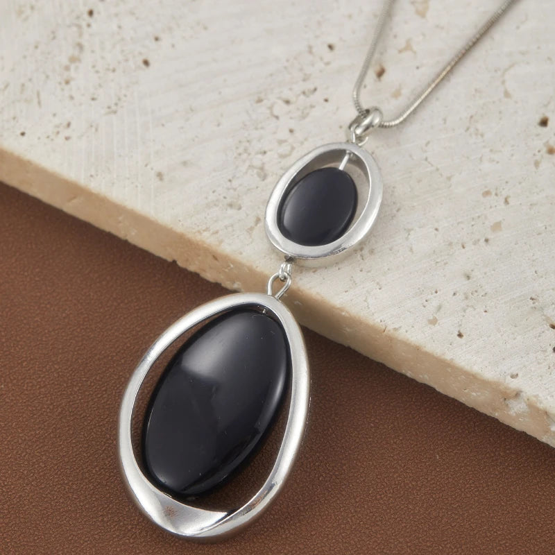 Large Black Stone Pendant Long Snake Alloy Necklace