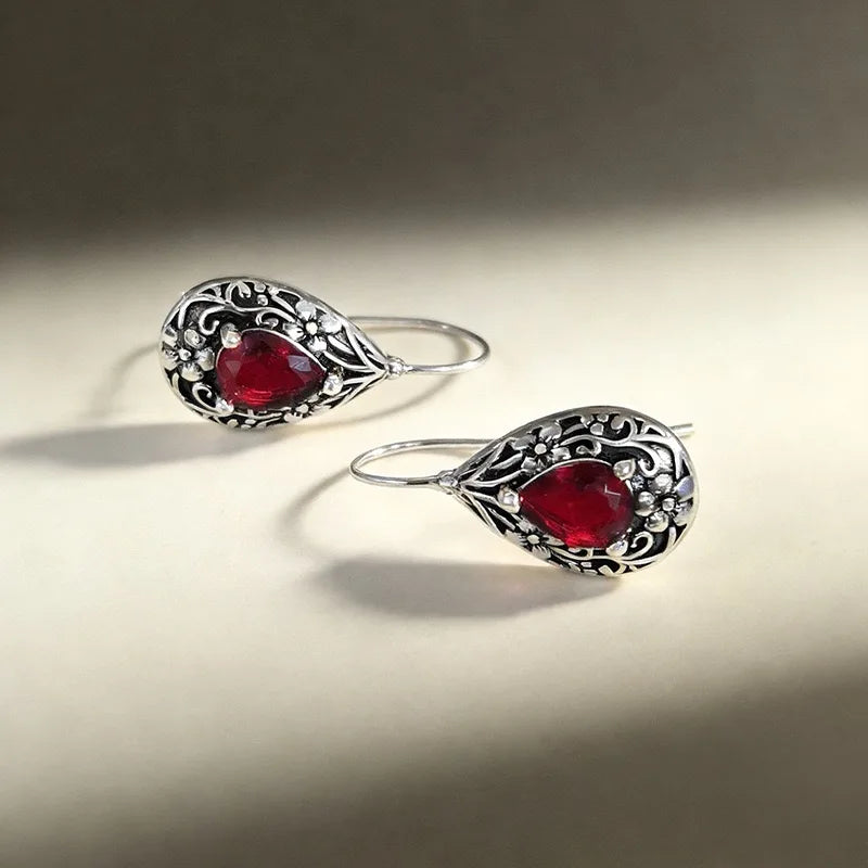 925 Sterling Silver Red Zircon Flower Drop Earrings