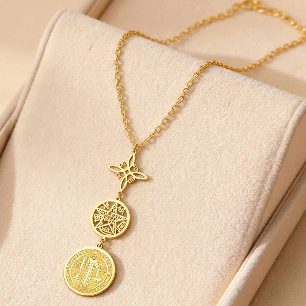 Triple Protection Stainless Steel Necklace: Witch knot, Pentagram Tetragrammaton, St. Benedict.