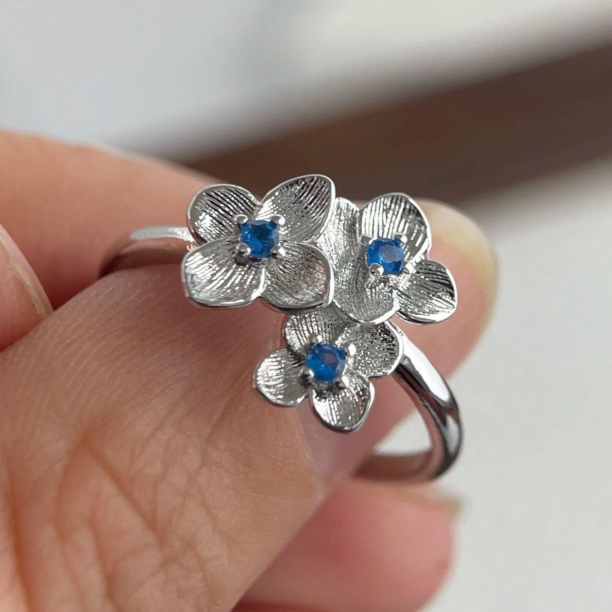 925 Sterling Silver Blue Flower Zircon Adjustable Ring