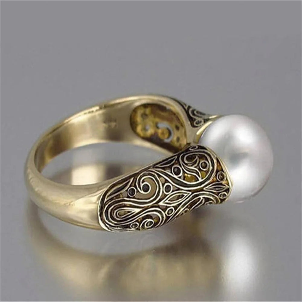Vintage Inspired Faux White Pearl Two-Tone Ring with Cubic Zirconia & Zinc Alloy