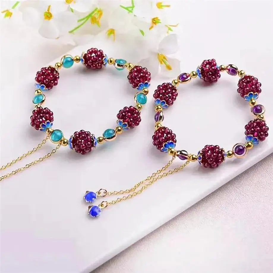 Pomegranate Fruit Blue Flower Tianhe Stone Beaded Strand Bracelet - Nature Inspired Unique