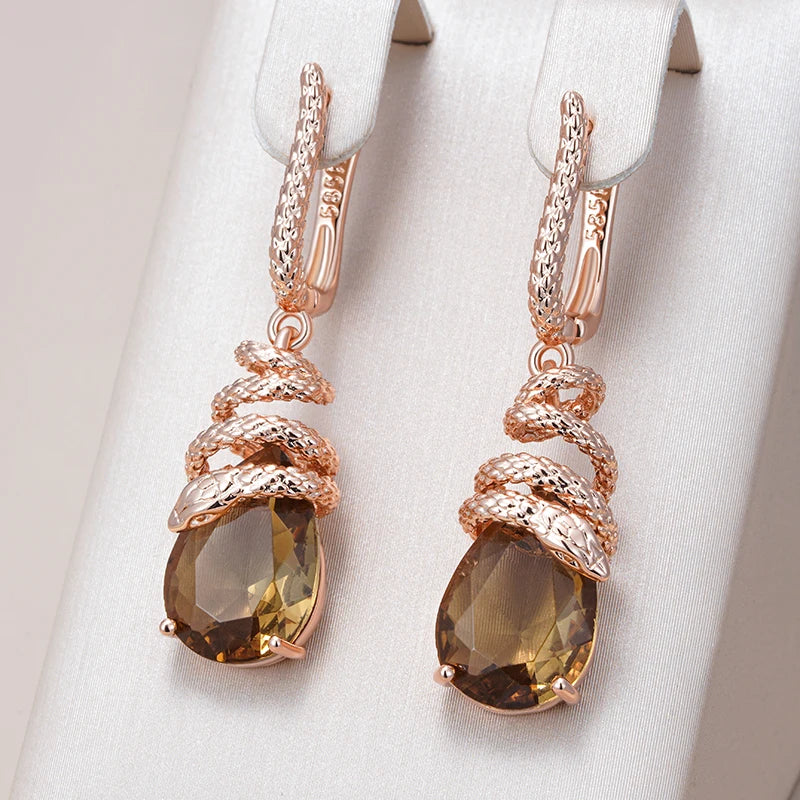 14K Rose Gold Plated Copper Snake Dangle Earrings with Natural Brown Zircon