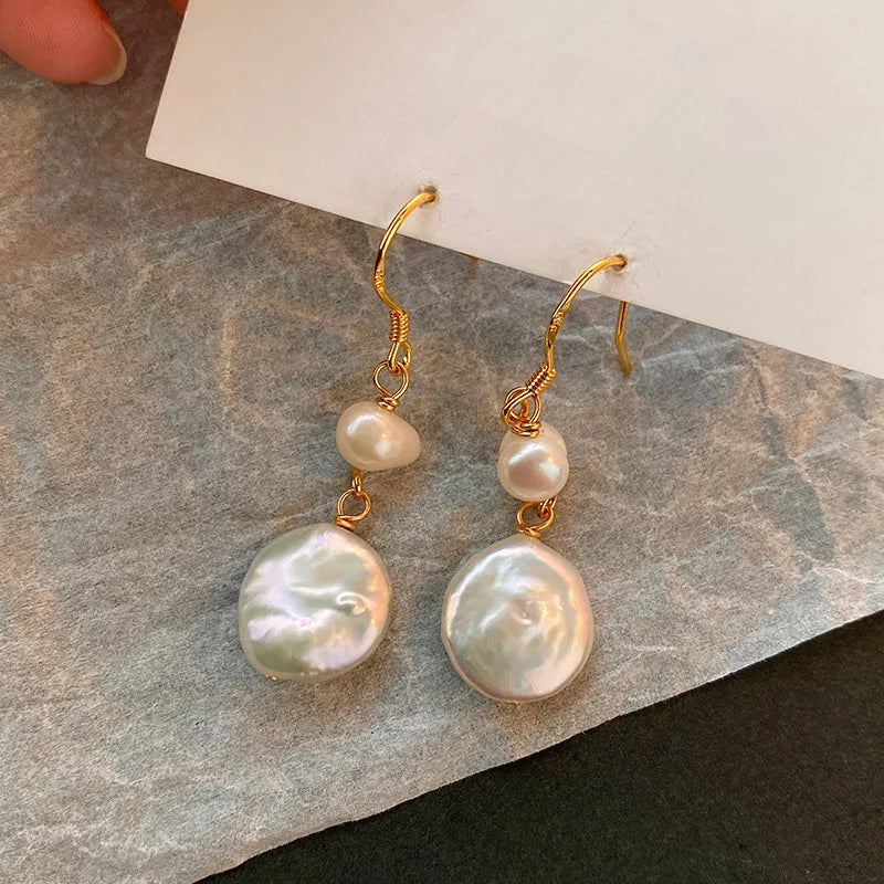Baroque Button Natural Freshwater Pearl 14K Gold Filled Drop Earrings