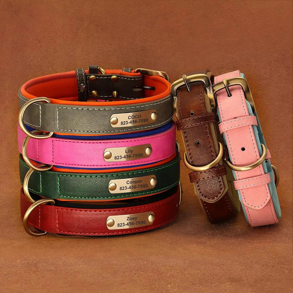 Soft Faux Leather Adjustable Dog Collar - Customize, Engrave, Name Tag, ID Necklace