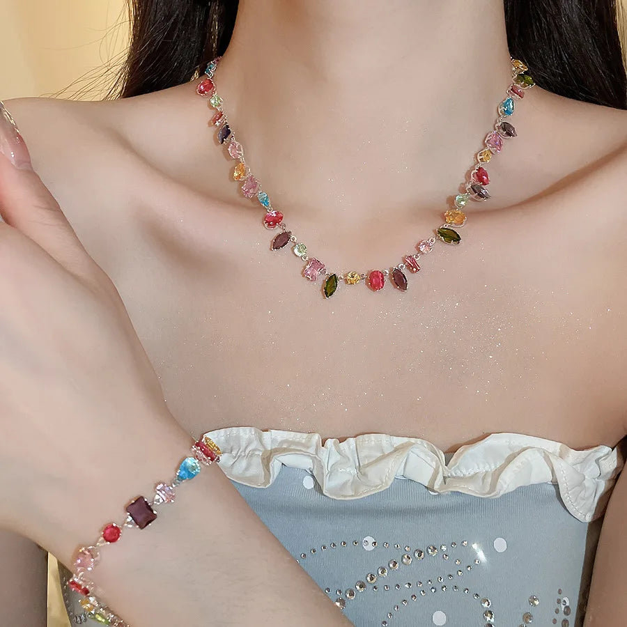 Colorful Zircon Crystal Necklace, Earrings & Bracelet in Zinc Alloy