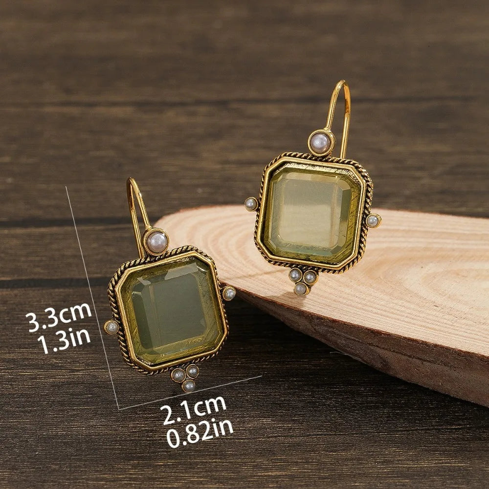 Retro Geometric Hexagonal Green/Blue Crystal Faux Pearl Copper Earrings