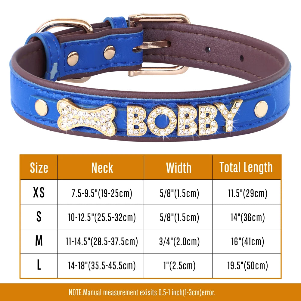 Faux Leather Dog Collar with Rhinestones - Customize, Engrave, Name Tag