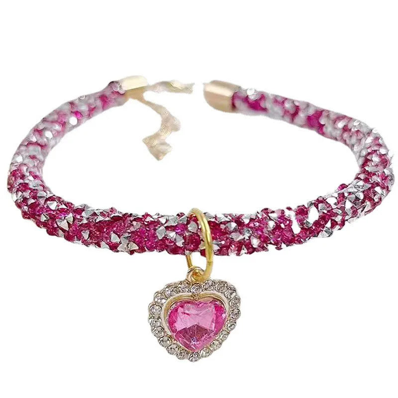 Adjustable Dog Necklace & Rhinestone Heart Gem Pendant